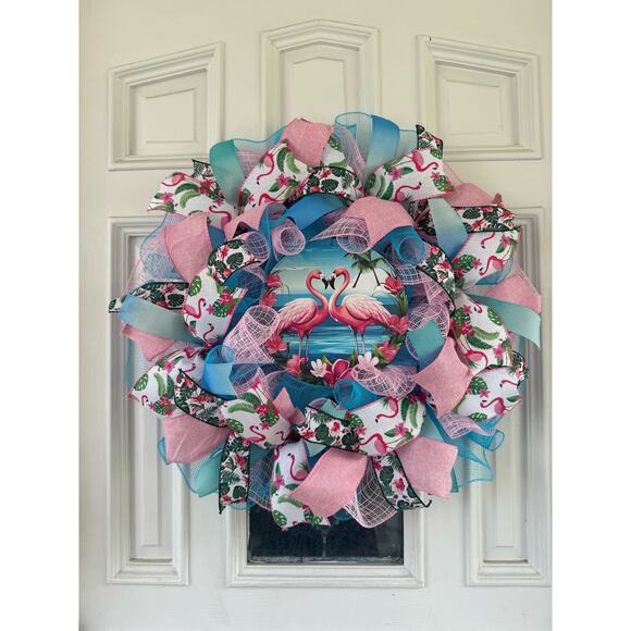 Pink Flamingo Deco Mesh Ribbon Tropical Spring & Summer Wreath Front Door Hanger - Picture 1 of 7
